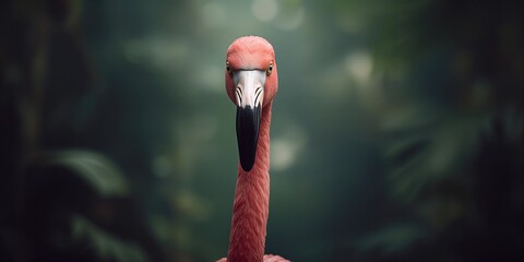 Chilean flamingo with vibrant pink feathers, black keeled bill, and intense yellow eyes, highlighting alertness in a portrait