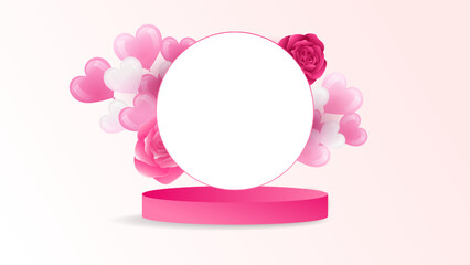 A striking 3D cylindrical pink podium with a white circular frame, surrounded by large, realistic pink roses and heart-shaped balloons, ideal for feminine or romantic promotions.