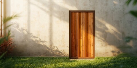 Naklejka premium A custom bamboo door installed on a wall, highlighting sustainable building practices, Earth Day