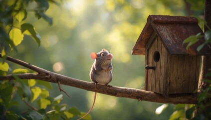 Fototapeta premium A rat sits patiently on a limb near a bird house during foraging, illustrating animal behavior in natural surroundings