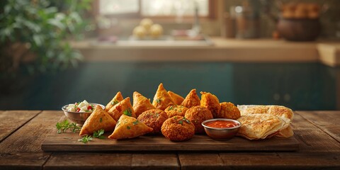 Group of Indian tea snacks including spicy onion fritters, bread pakora, samosa, kachori, and aloo paratha served on a wooden background, snack assortment
