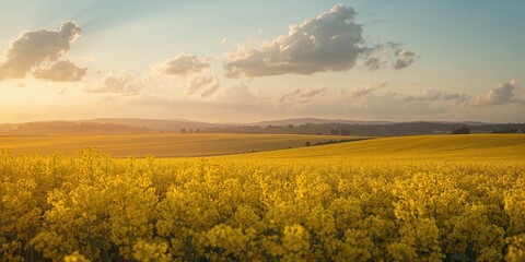 Naklejka premium Rural landscape with flowering rapeseed crops at sunrise, seasonal agricultural growth