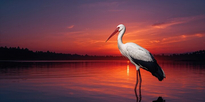 Asian openbill bird resting on a sunset background, natural habitat and seasonal change