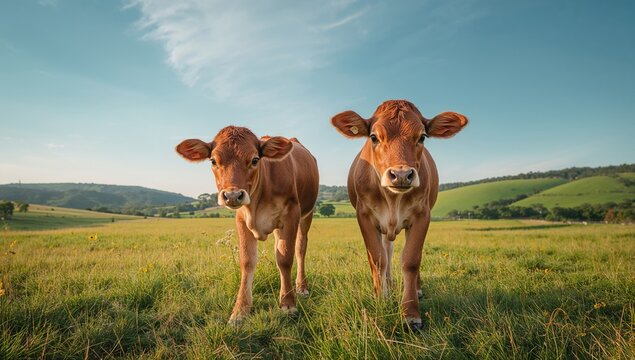 Gir and nelore calves feeding in a pasture beneath a clear blue sky, focusing on cattle breeding and grazing practices