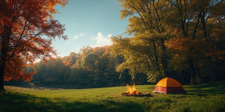 Fall campground with vibrant trees and bright sky near Cumberland Falls, illustrating outdoor recreation