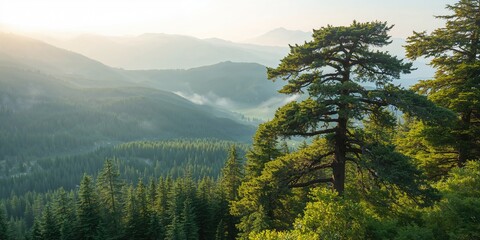 Close-up of lush green forest foliage on a mountain landscape, suitable for nature backdrop or environmental awareness