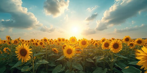 Sunflowers blooming in sunlight with a partly cloudy sky, suitable for editorial header backgrounds