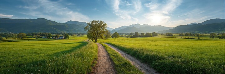 Naklejka premium Mountainous scenery with a rural dirt road and expansive sky, suitable for travel and exploration