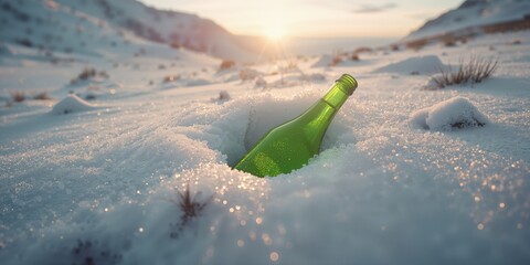 Green bottle resting on snow-covered mountain slope during winter, highlighting outdoor winter landscape