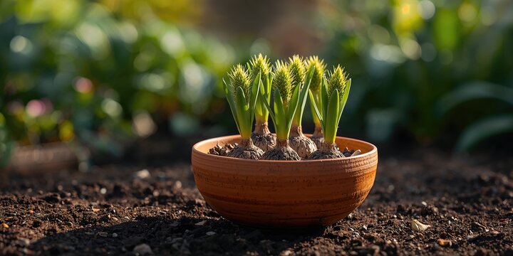 Pineapple lilies bulbs arranged in a clay container, focusing on early spring planting activity