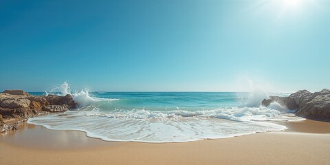 Vivid ocean shoreline with powerful surf, suitable for editorial header backgrounds, World Oceans Day