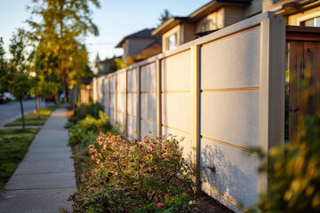 A modern noise barrier features layered panels placed alongside a suburban house, creating a stark boundary. Minimal landscaping enhances the area, illuminated by the soft evening light