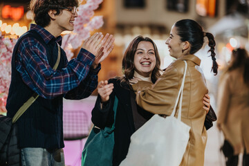 Three young friends share a joyful moment in a bustling city street at night, embracing and conversing as they smile. Warm lights and pink blossoms create a festive, friendly mood.