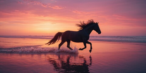 Fototapeta premium Equine in motion on sandy coast, highlighting freedom and landscape, World Horse Day