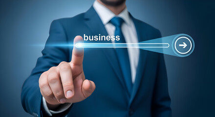 Businessman in blue suit touches glowing search bar with the word business leading to a digital forward arrow icon on a dark background