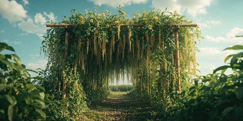 Bean plants growing upward on a bamboo trellis as part of vertical gardening techniques