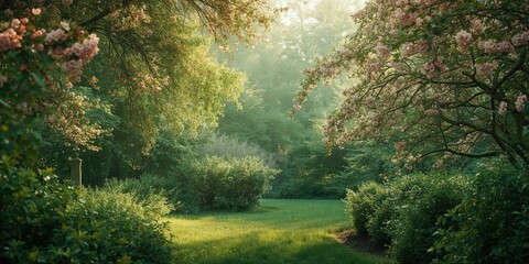 Obraz premium Verdant garden scene featuring trees and bushes, flowering branches with pink clusters, suitable for landscape design