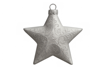 Vintage silver christmas star ornament with embossed floral pattern, symbolizing holiday festive cheer and tradition