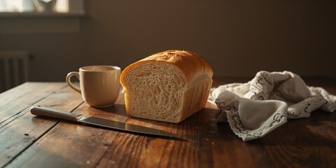 Freshly baked bread with sliced pieces on a wooden surface beside a bread knife and a cup, focusing on home baking