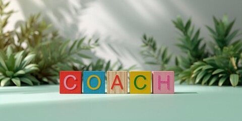 Naklejka premium Wooden blocks forming COACH sitting before a plant-themed backdrop, serving as a branding display