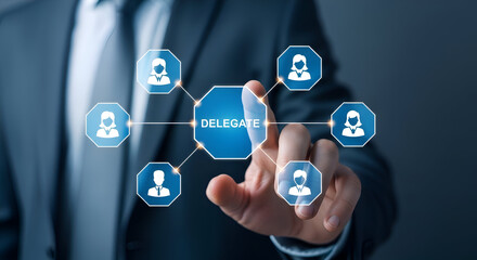Businessman interacts with a digital interface to delegate tasks across a network of connected team member icons symbolizing effective management and workflow distribution