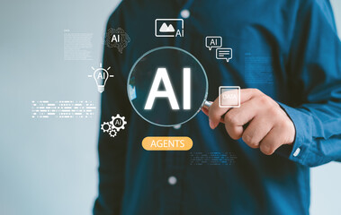 AI agents concept with a person holding a magnifying glass highlighting AI icons, representing intelligent automation, data processing, machine learning solutions, and advanced digital innovation.