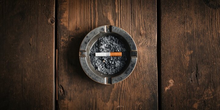 Ashtray containing a cigarette butt on a wooden surface, waste disposal and cleanliness practices - Powered by Adobe