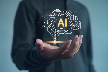 AI technology concept featuring glowing digital brain hovering above an open hand, symbolizing artificial intelligence, innovation, data processing, smart solutions, advanced digital development.