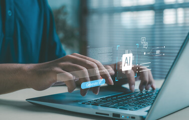 person typing on a laptop with futuristic AI interface graphics, illustrating artificial intelligence, data processing, and digital innovation for modern technology and business solutions.