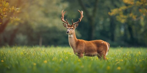 Fototapeta premium Male deer in Japan, natural habitat with seasonal foliage