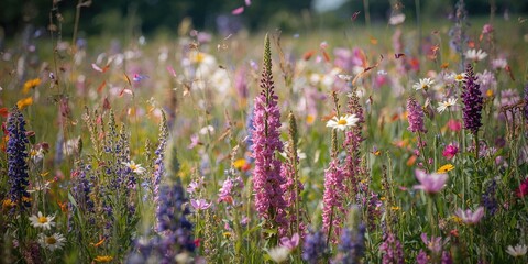 Obraz premium Close-up of vibrant wildflowers in a meadow, natural seasonal bloom,