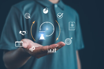 Business presenting virtual time management and productivity interface with clock, target, chart, deadline and workflow icons for digital performance planning and smart business efficiency concept.