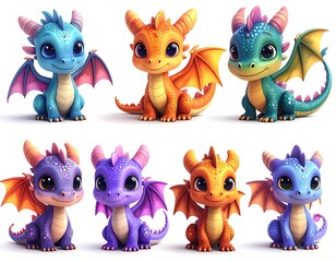 Eight cute, colorful, cartoon baby dragons are sitting isolated on a plain white background in two rows of four