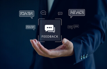 Business feedback concept showing a hand presenting chat message icons, symbolizing customer communication, review collection, user insight, and digital interaction for modern service improvement.