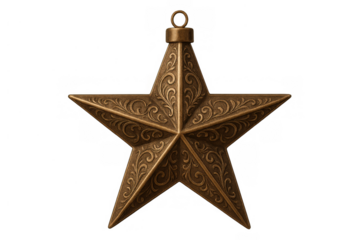 Ornate bronze star ornament with intricate embossed scrollwork, antique xmas decoration on transparent background