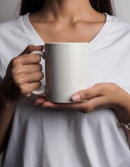 Beautiful Asian Woman Hands Holding Blank White Coffee Mug Mockup Close Up