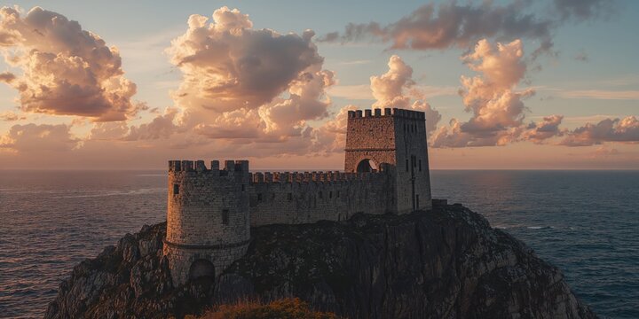 Fortress ruins on the Black Sea shoreline at sunset, highlighting archaeological site in summer season