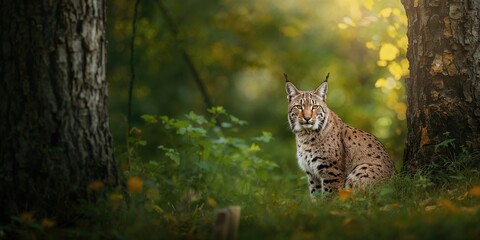 Fototapeta premium Lynx sitting in a dense forest during low light conditions, habitat preservation awareness