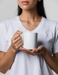 Beautiful Asian Woman Hands Holding Blank White Coffee Mug Mockup Close Up
