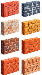 Eight different brick wall sections are neatly arranged in a rectangular grid with varying colors and textures