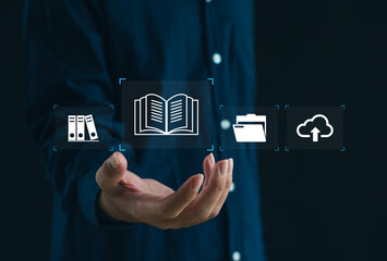 Digital knowledge management concept with online documents, cloud storage, virtual folders, and secure data organization for e-learning, business information systems, and paperless workflow.