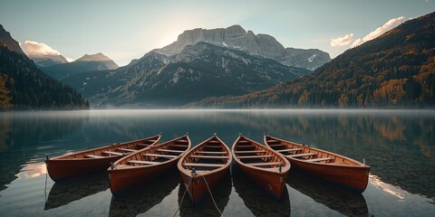 Anchored wooden boats on a lake, highlighting vessel stability and maritime safety, Earth Day
