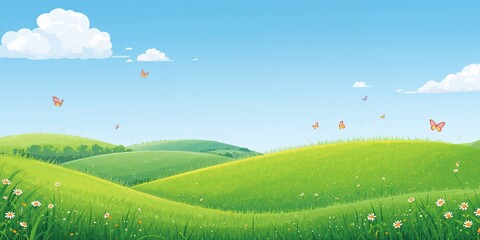 Naklejka premium Cartoon meadow scene featuring lush green fields and a springtime lawn hill under a bright blue sky for landscape design, Earth Day