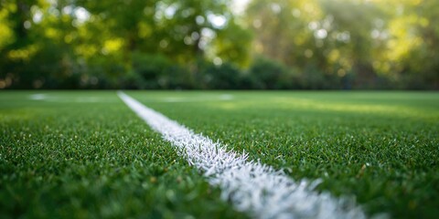 Naklejka premium Artificial turf on a soccer field with white stripes used for sports practice, focusing on maintenance and durability