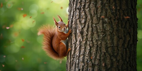 Fototapeta premium Red squirrel climbing on tree branch, natural behavior in its habitat, Earth Day