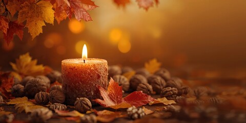 Candle set against fall ambiance with blank label, suitable for layout or promotional content, seasonal change