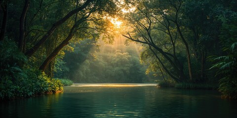 Lake surrounded by dense forest during sunset for natural scenery appreciation