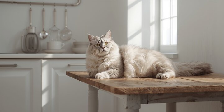 Silver British Shorthair cat resting on a table, feline relaxation and domestic comfort