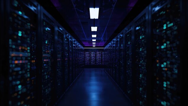 Cloud computing technology featuring server room with interconnected servers, highlighting internet data transfer and network security - Powered by Adobe