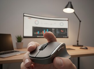 Person Holding Computer Mouse Over Desk with Laptop and Monitor Displaying Charts in Soft Office Lighting